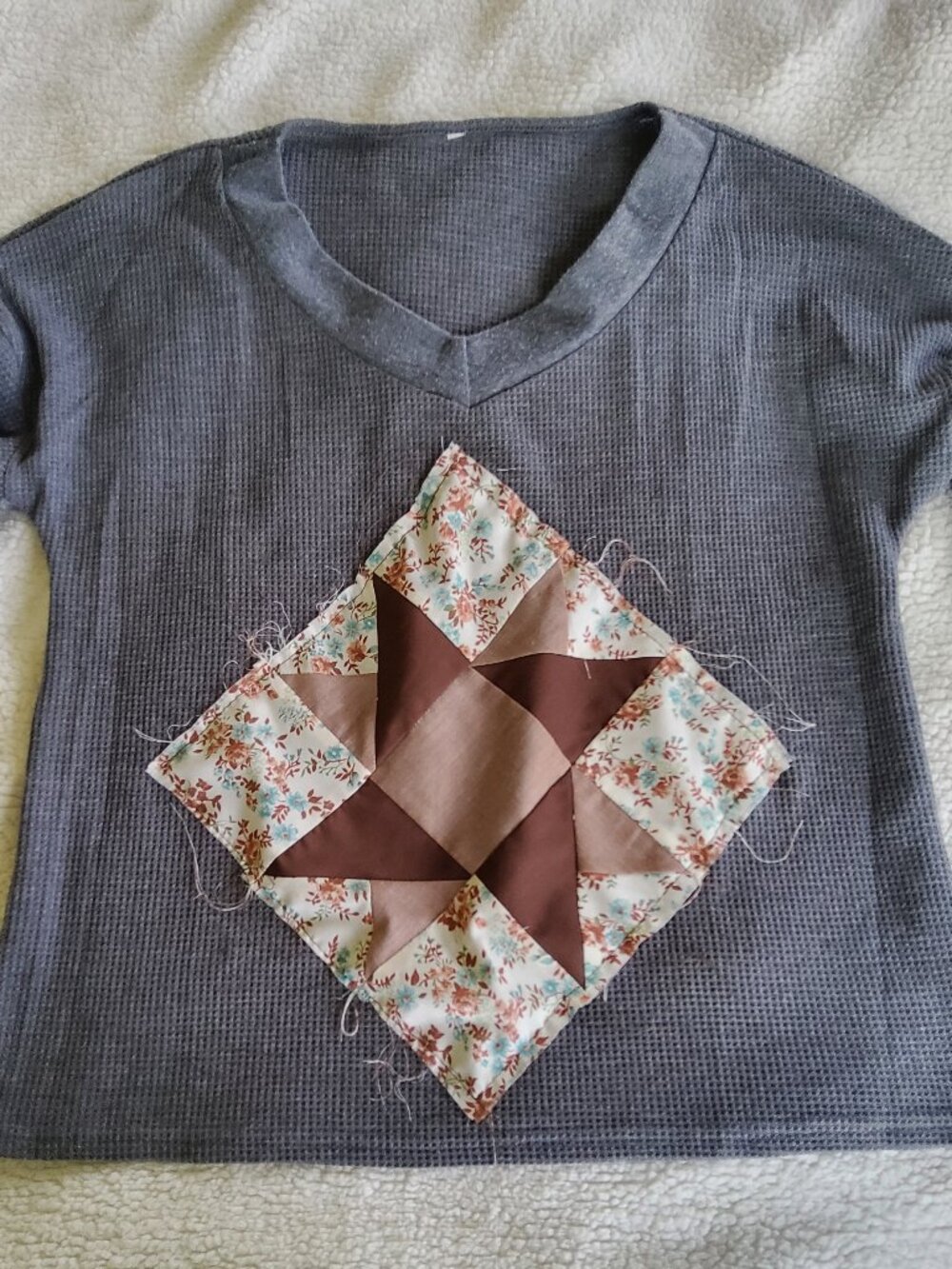 Upcycled Handmade Patchwork Waffle Knit V-Neck Quilt Block Oversized Top